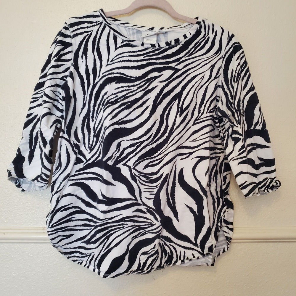Hot Cotton Womens Zebra Print 3/4 Sleeve Ruched Side Top Black White Large